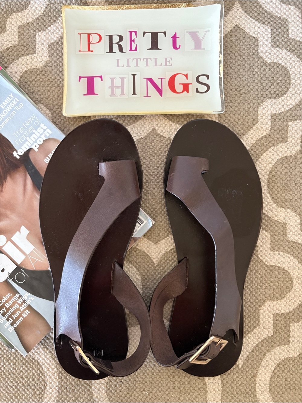 MNG Women’s Brown Leather T-Strap Sandals; size (38) U.S. 7.5; NWOT